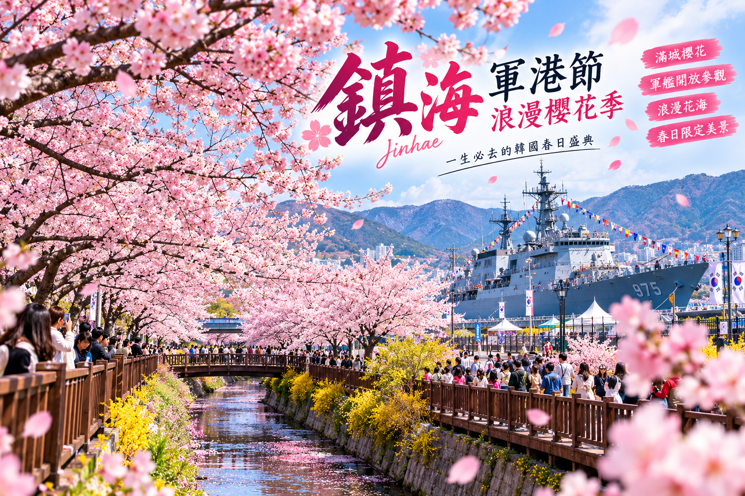 漫遊釜山賞粉櫻５日(彩妝1站)鎮海軍港節.影島東三海水川櫻花路.絕美夜景.保證入2晚四星(中華航空)